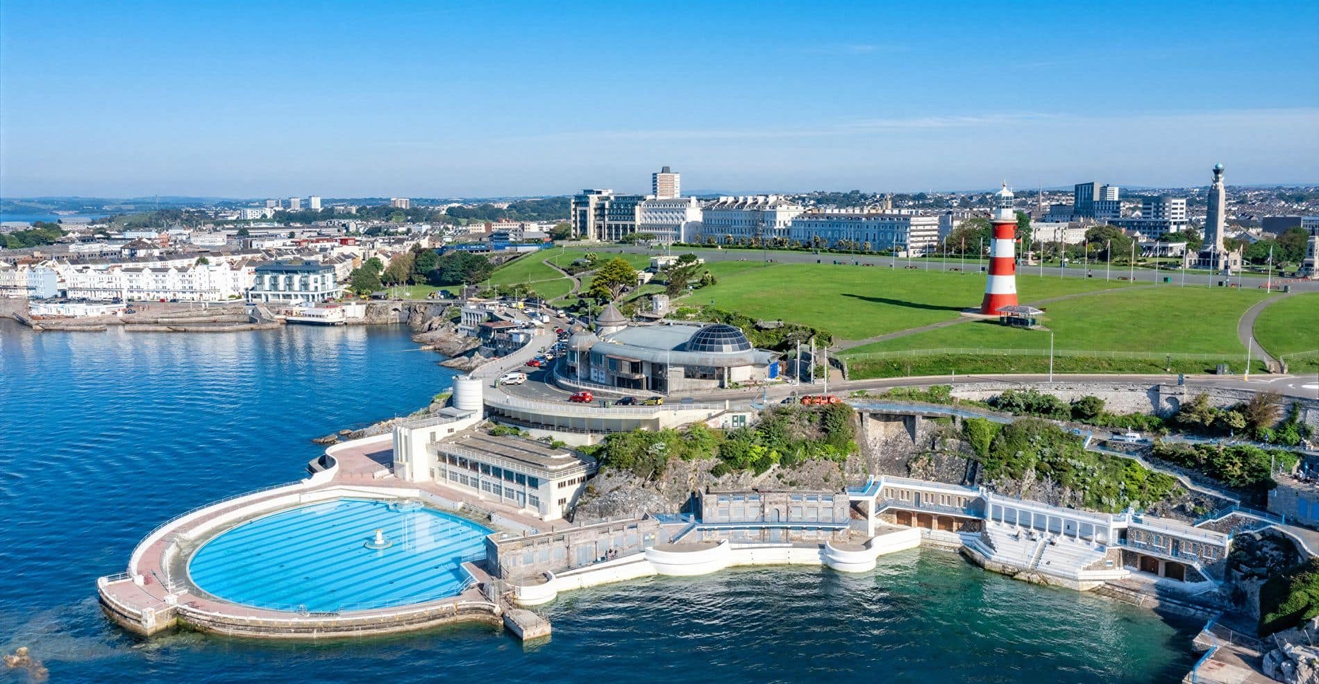 Plymouth Hoe from the air, with the Hoe lawns, Smeaton's Tower and the waterfront.